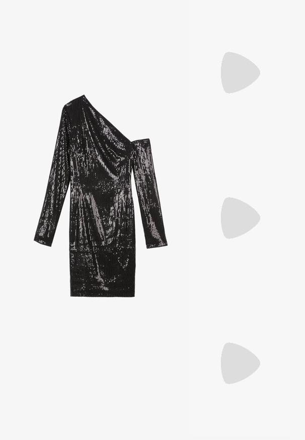 Anna Field Juhlamekko - black; Mustaa verkkoa oleva korkokenkä, jossa on terävä kärki ja ohut stiletto-korko. Kuvioitu muotoilu, jossa on pyöreitä leikkauksia, luo puolimuodollisen ilmeen.; Kiiltävä hopeinen clutch-laukku, jossa on kirjekuorimallinen läppä ja koristeellinen koriste, pieni hopeinen ketjuhihna, yksinkertaisella vaalealla taustalla.; Kristallipisarat korvakorut, joissa on hopeanvärinen metalliosuus. Korvakoruissa on neliön muotoinen nappi ja ripustettuna suorakulmaisten ja oktogonimuotoisten kristallien kerroksia.