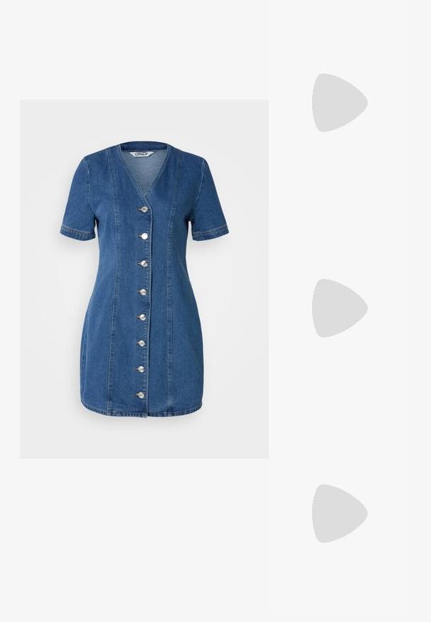Sinises denimkleidis on V-dekoltee, lühikesed varrukad ja ees metallnuppudega kinni pandav nööbirea, rõhutades vormikohast siluetti.; Denim slingback-kontsad, millel on terav nina, reguleeritav pannal ja läikiv sinine konts. Sile tekstuur koos heleda sinise sisetallaga.; Denimist käekott, millel on kaarjas kuju, sinise ja helesinise tigerinäo mustriga, valge rihm ja brändilogo silmatorkavalt esitatud.; Hõbedased rõngaskõrvarõngad siledast ja läikivast viimistlusest. Ringikujuline, sisaldab kindlat kinnitust. Lihtne ja elegantne disain.