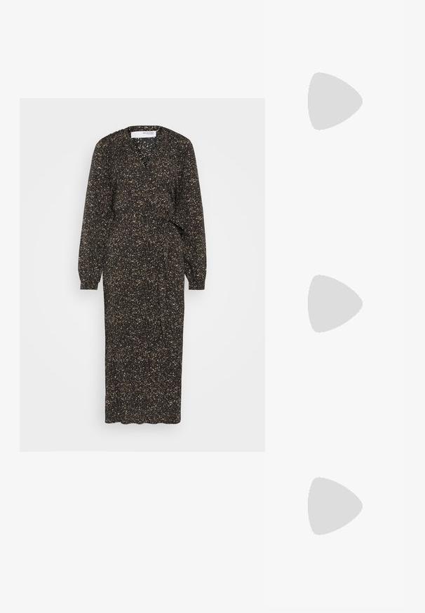 Selected SLFPARKER MIDI DRESS - Hverdagskjole - black/greige; RAID CHERISH - Plateaustøvler - black; Sort læderhåndtaske med en triangular form, skrå klap og et rundt håndtag. Har en glat overflade og minimalistiske design detaljer.; Guldtonede øreringe formet som abstrakte hænder, med en skinnende overflade, intrikate detaljer og en sølv- og guldfarvet post til sikker fastgørelse.