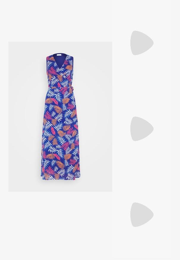 VILA VIURA WRAP DRESS - Maxikjoler - mazarine blue/multi; Beige slidesandaletter med åben tå, flad sål og dekorative metallkædeaccenter på stroppen. Glat materiale med minimal tekstur.; Cremefarvet læder skuldertaske med en halvmåneform, tynd rem og diskrete syninger. Minimalistisk design med hardware-accenter i guldton.; Guld hoops øreringe med et glat, rundt design og en blank finish. Letvægts konstruktion med en sikker låsemekanisme.
