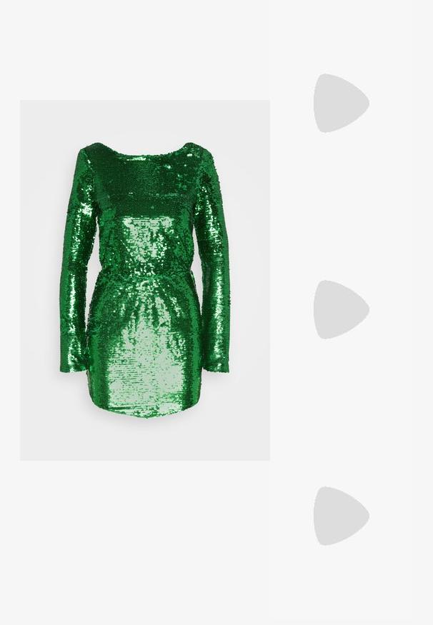 NA-KD SEQUIN DETAIL DEEP BACK MINI DRESS - Cocktail φόρεμα / Φόρεμα για πάρτι - green; Μαύρη μπότες μέχρι το γόνατο από γυαλιστερό δέρμα, με μυτερή μύτη και λεπτό τακούνι στιλέτο. Λείος υφή με μινιμαλιστικό σχέδιο.; Χρυσή μεταλλική τσάντα clutch με ζαρωτή υφή, μαλακή στρογγυλή μορφή και αποσπώμενη αλυσίδα. Διαθέτει μαζεμένη σχεδίαση στην κορυφή.; Χρυσοί σκουλαρίκια σε οβάλ σχήμα, με μια σειρά από ενσωματωμένους διαυγείς κρυστάλλους κατά μήκος μιας άκρης. Λείος μεταλλικός φινίρισμα και κομψός σχεδιασμός.
