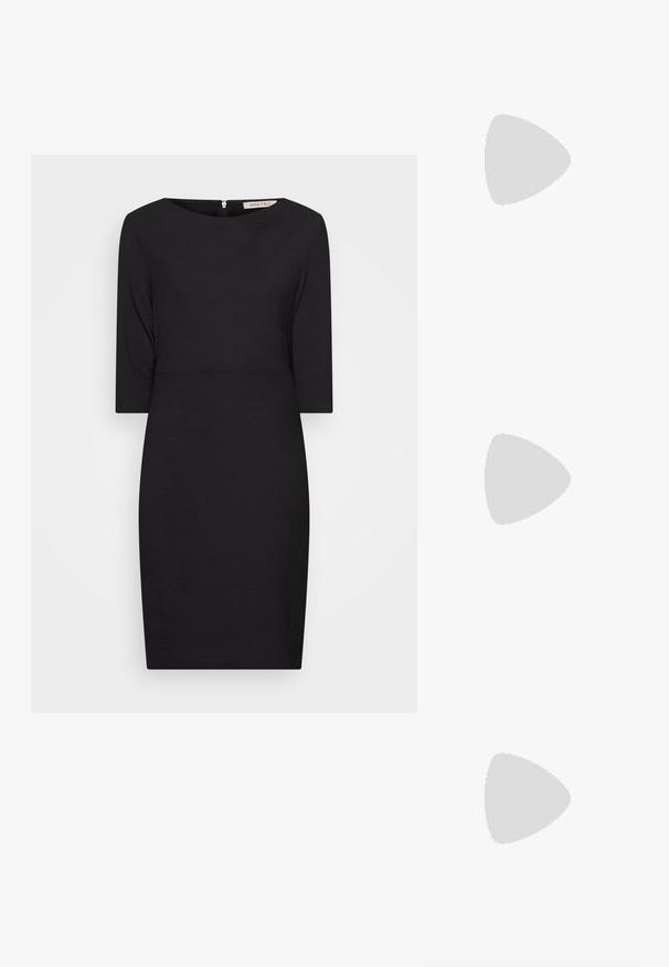 Anna Field by Zalando Φόρεμα σε ίσια γραμμή - black; Μαύρο γυναικείο σανδάλι Calvin Klein με τακούνι και λουράκι δακτύλου που αιωρείται πάνω από πλακόστρωτη εξωτερική επιφάνεια με φυτά και τοίχο από σκυρόδεμα στο φόντο.; Μαύρα υπερμεγέθη γυαλιά ηλίου σε σχήμα γάτας, με σκοτεινούς φακούς και γυαλιστερό πλαστικό σκελετό. Διαθέτουν παχιά άκρα για στήριξη.; Μαύρη δερμάτινη τσάντα χεριού με κάλυμμα, χρυσά αξεσουάρ, ρυθμιζόμενο λουράκι και υφή επιφάνειας. Συμπαγής ορθογώνιος σχήμα.