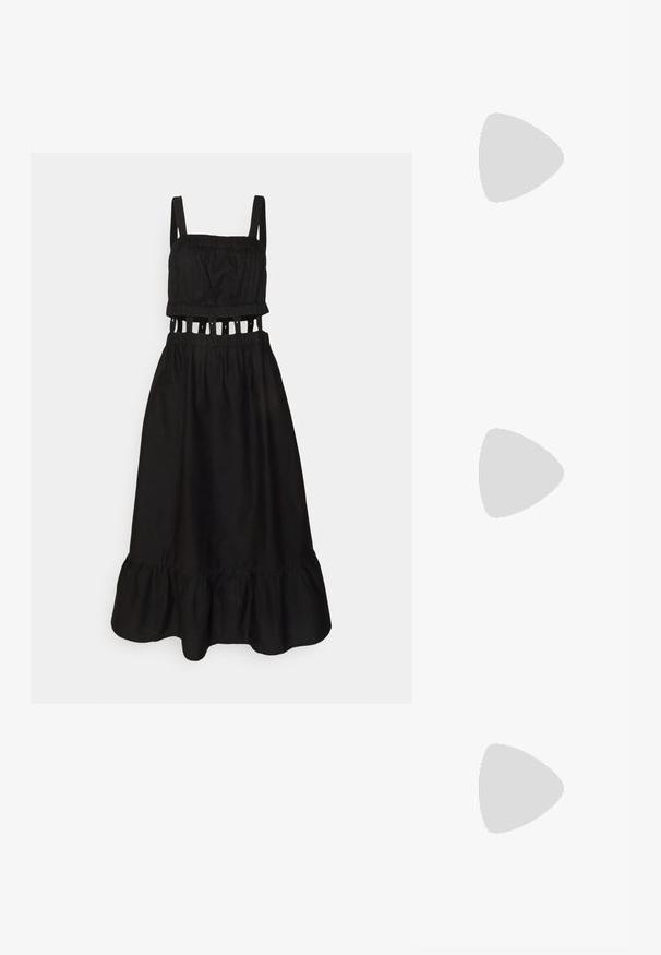 Object Petite OBJRAMILLA DRESS - Jurk - black; Zwarte rubberen teenslipper met gestructureerd zool en Y-vormige band, zijaanzicht op een effen lichte achtergrond.; Bruine schildpad zonnebril met een vintage cat-eye vorm en bruine lenzen. Heeft gebogen armen met rode accenten.; Gouden hoepel oorbellen met een gladde, ronde vorm. Voorzien van een kleine scharnierluiting, lichte uitstraling en een gepolijste afwerking.