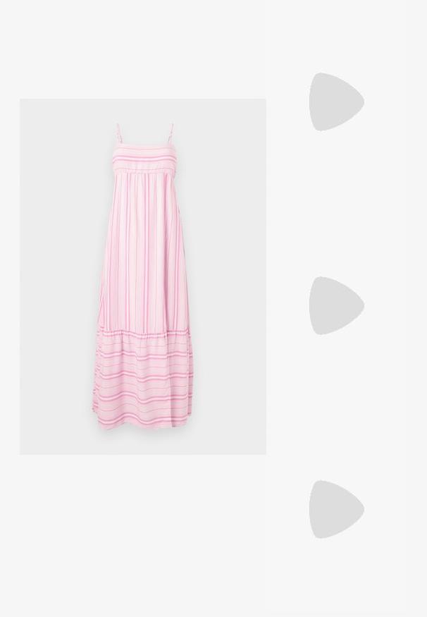 Hollister Co. BABYDOLL MAXI - Μάξι φόρεμα - light pink/white; Ανοιχτό μωβ σανδάλι τύπου σαγιονάρα με υφή στη σόλα και λεπτά λουριά, επίπεδη κόκκινη σόλα, απομονωμένο σε λευκό φόντο.; Κρεμ ορθογώνια γυαλιά ηλίου με σκοτεινούς φακούς και το λογότυπο Vogue στη γέφυρα και στο φακό, εμφανιζόμενα πάνω σε λευκό φόντο.; Μικρή καφέ υφαντή τσάντα ώμου με μαύρο ρυθμιζόμενο λουρί και κλείσιμο με φερμουάρ, εμφανίζεται σε λευκό φόντο.