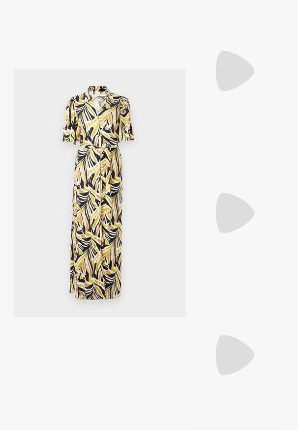 Robe maxi avec un col, des manches courtes bouffantes et un design enveloppant, ornée d'un motif de feuilles jaune, vert, noir et beige.; Ballerines blanches en cuir avec un bout pointu, design minimal, semelle plate et détail découpé au niveau du talon. Texture lisse.; Lunettes noires angulaires avec des verres gris ; fabriquées en plastique, avec des branches épaisses à la surface lisse et sans matériel visible.; Sac à main plissé jaune en simili cuir lisse, arborant une forme douce avec une bandoulière unique et un design froncé sur le dessus.
