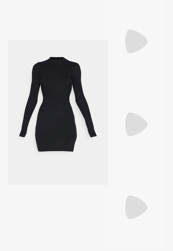 Sort ribbet strikkjole med lange ærmer, høj halsudskæring og tætsiddende silhuet. Har detaljer langs sidesømmene og en tekstureret overflade.; Zign by Zalando LEATHER - Snørestøvler - black; Sort læder skuldertaske med justerbar rem, dekoreret med sølvfarvede metalnitter og lukning med øverste lynlås.; Sølvøreringe med et minimalistisk design. Cirkulær form, glat tekstur og tynd profil. Letvægtige med en poleret overflade.