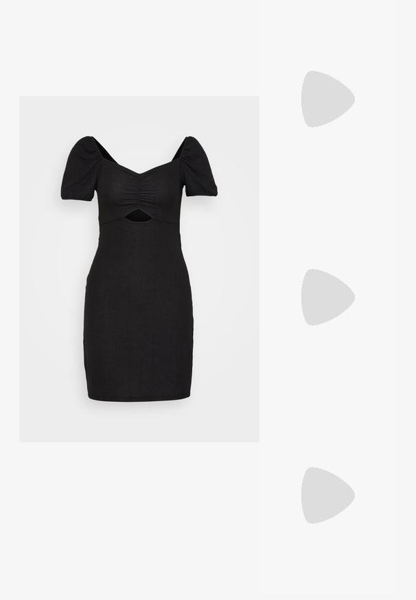 Sorte bodycon kjole med puffærmer, rynket forside og udsparing under brystet. Lavet af struktureret, strækbart stof.; Sort læderslyngeflad sko med spids tå, der har to vandrette stropper og firkantede sølvspænder, lav hæl og glat tekstur.; Sort håndtaske med krokodilletekstur, rektangulært form, topklap og et enkelt kort håndtag.; Sølv hoop øreringe med et kors og hjerte charm. Glat, skinnende tekstur med en poleret finish. Hver charm hænger fra en sikker løkke.