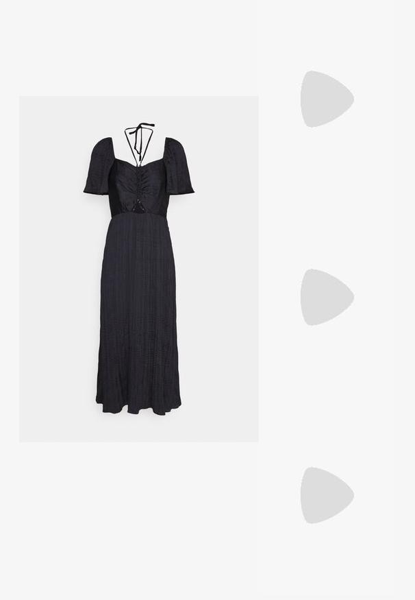 Sort midi-kjole med puffærmer, en samlet bodice og en tekstureret nederdel. Har en snøre lukning bagpå og subtile lodrette linjer.; Sort balletflade med en blank patentfinish og en kontrasterende sort ruskinds sløjfe på tåen. Flad sål. Minimalistisk design.; Hvid taske i faux læder med en struktureret trekantet form, enkelt justerbart skulderstrop og en flaplås med kurver.; Sølv hoop øreringe med et kors og hjerte charm. Glat, skinnende tekstur med en poleret finish. Hver charm hænger fra en sikker løkke.