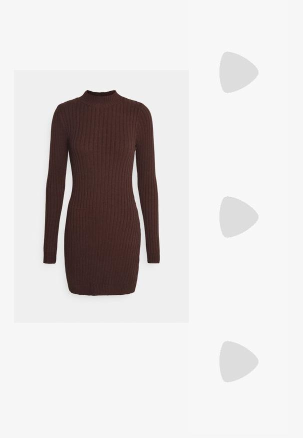 Hollister Co. SWEATER DRESS - Neulemekko - brown; ONLY SHOES ONLDOJA - Platform-saappaat - black; Mustat suorakulmaiset aurinkolasit tummilla tummennetuilla linsseillä, paksu muovikehys ja leveät tempurit. Sileä pinta ja kulmikas muotoilu.; Musta nahkainen käsilaukku, jossa on kohokuvioitu kuosi, pyöreä muoto, musta olkahihna ja kultaketjuakseli. Varustettu vetoketjulla ja logotiedolla.