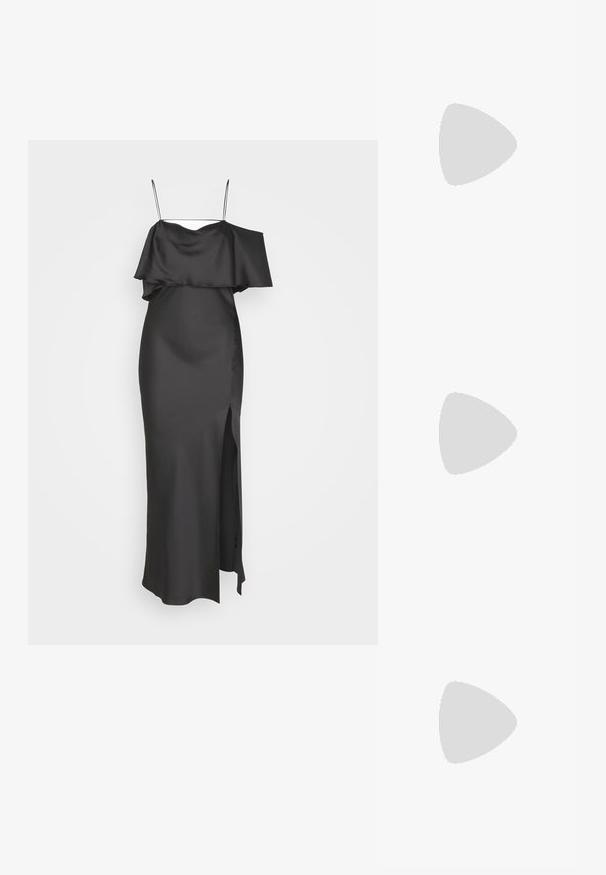 Weekday ELIA OFF SHOULDER DRESS - Vestido de fiesta - anthracite grey; Zapato de tacón alto de ante negro con punta afilada, textura suave y una silueta elegante. Presenta un tacón de aguja delgada y lados abiertos.; Clutch de terciopelo negro con herrajes en tono dorado, de forma rectangular y con correa de cadena, que presenta una textura suave y sin patrones visibles.; Pendientes en tono dorado con forma de símbolo de infinito estilizado, adornados con cristales transparentes de corte redondo a lo largo de los bordes. Cierre a presión.