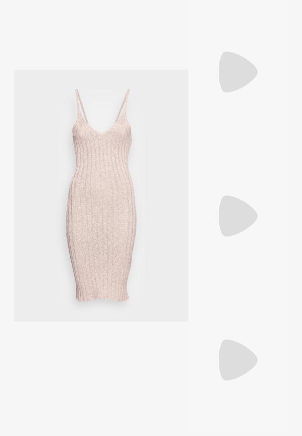 Zign SUMMER STRAPPY DRESS - Strikkjoler - mottled brown; Beige og hvide chunky sneakers med tyk sål, mesh- og læderpaneler, ovale udskæringer i mellemsålen, trækstropper på tunge og hæl.; Brune skildpadde solbriller med en vintage katteøje-form og brune linser. Har buede arme med røde detaljer.; Cremefarvet læder skuldertaske med en halvmåneform, tynd rem og diskrete syninger. Minimalistisk design med hardware-accenter i guldton.