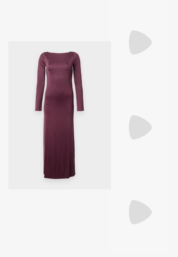 Vestido de manga larga y largo hasta el suelo en tejido burdeos profundo. Presenta un escote barco y una silueta ajustada y suave.; Zapatos de tacón slingback de charol burdeos con punta afilada, alto tacón de aguja y una textura suave y elegante. Detalle de correa ajustable.; Pequeño bolso rectangular color burdeos con acabado texturizado, asa corta y correa de hombro desmontable sobre un fondo claro y sencillo.; Pendientes en forma de corazón de plata, incrustados con piedras de strass transparentes, que cuentan con cierres de palanca para un uso seguro.