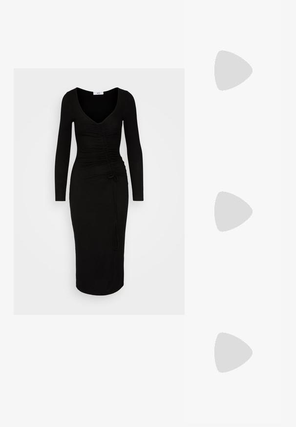 WAL G. DEL GATHERED MIDI - Jerseykjole - black; ALDO PILLOW WALK PULL ON GLAJAR - Højhælede støvler - black; Sorte og sølv håndtaske med en tekstureret overflade, der har et diamantmønster, en knyttet håndtag og en struktureret form.; Sølvøreringe med et minimalistisk design. Cirkulær form, glat tekstur og tynd profil. Letvægtige med en poleret overflade.
