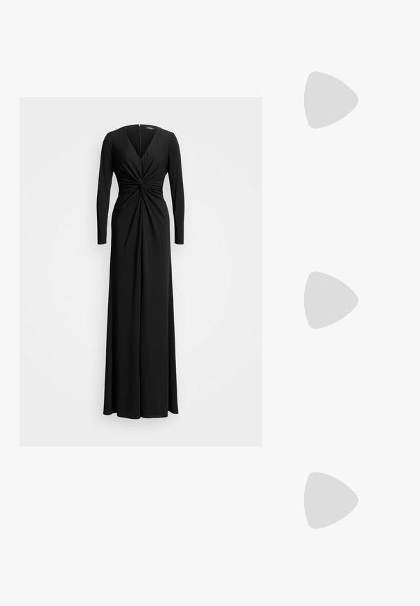 Sort langærmet kjole med V-udskæring og snoet bodice-detalje. En gulvlængde design lavet af glat, strækbart stof.; Sort ruskind sandal med høje hæle med en tynd ankelstrop og guldlås, åben tå og moderat hælhøjde på en ens hvid baggrund.; Rektangulær guld clutch taske med skinnende overflade, metal-lås og kort guldkædehank mod en lys ensfarvet baggrund.; Guldtonede øreringe med et rektangulært, klart krystal, der hænger under en række af små, runde klare accenter. Elegant, moderne design.