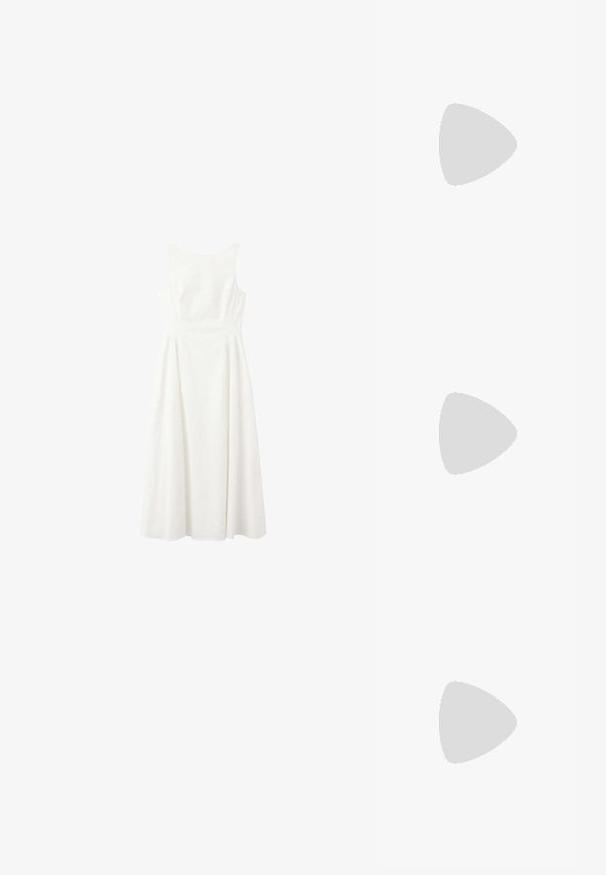 Robe midi blanche sans manches avec corsage ajusté et jupe évasée, présentée sur un fond blanc uni.; Claquette grise plate avec semelle texturée et fines brides en Y, vue de profil sur un fond clair uni.; Even&Odd Lunettes de soleil - black; Sac à main en cuir synthétique blanc avec une forme triangulaire structurée, une bandoulière unique réglable et un rabat à courbes accentuées.