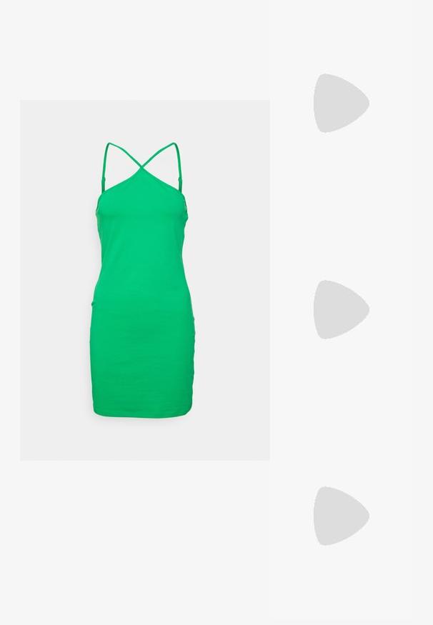 Vero Moda Petite VMMADAMAXI SINGLET SHORT DRESS JRS PTT - Päevakleit - bright green; Mustad musta värvi siseriiete sandaalid, millel on kaks reguleeritavat klambrid, tekstuuriga rihm ja paks tald. Küljele on peale pruugitud "BUFFALO".; Mustad mustrakellad, millel on hallid šabloonid; valmistatud plastist, paksude ja siledate kätega, ilma nähtava riistvarata.; Must mustri õlakott, millel on kaarjas kuju, hõbedane kett, eemaldatav mini kotike ja reguleeritav rihm; esiküljel on "Steve Madden" logo.
