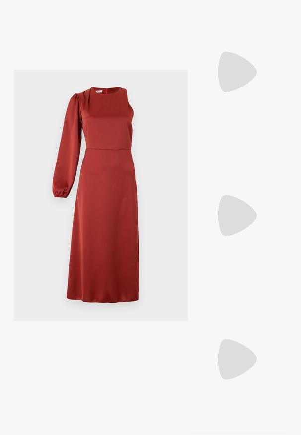 Robe midi rouge fluide en tissu lisse, dotée d'une manche bouffante, d'un décolleté carré et d'une fermeture éclair dissimulée au dos.; ALDO PUCKERUP - Escarpins à talons hauts - red; Sac à main en cuir rouge avec un design angulaire et géométrique. Il dispose d'une seule sangle ajustable et d'une fermeture à rabat avec un detailing cousu.; Paire de boucles d'oreilles en métal doré brillant, de forme irrégulière, avec une surface froissée et lisse sur un fond clair uni.