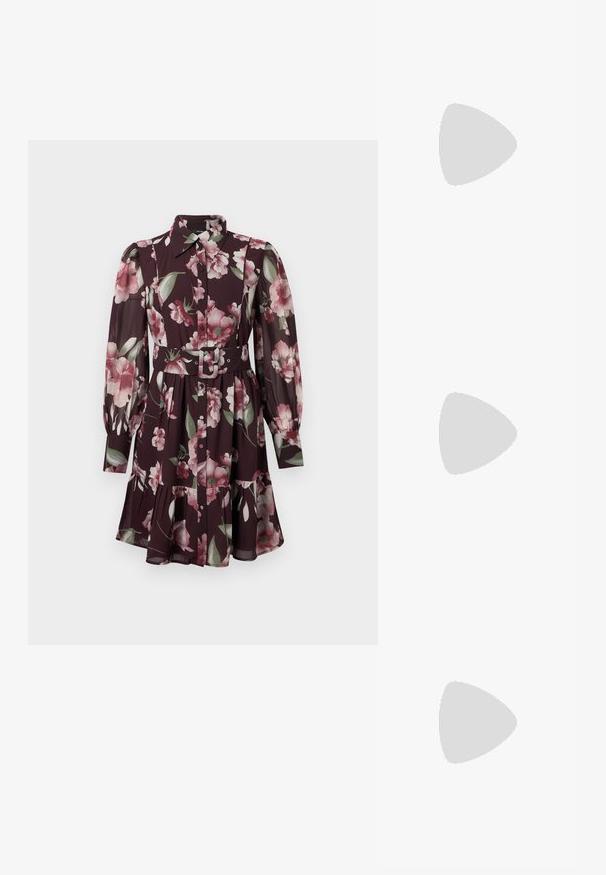 Robe florale violet foncé avec manches longues transparentes bouffantes, boutonnage sur le devant, col pointu, taille cintrée avec ceinture et jupe à volants.; Sandales à talons métalliques dorés avec un design à lacets, un talon carré, et une sangle de cheville ajustable avec une boucle. Texture lisse.; Sac à bandoulière en cuir brun foncé avec une poignée tressée et des coutures apparentes sur le devant.; Montre en or avec un cadran carré noir et des index dorés à côté d'un bracelet en or avec des pierres rondes blanches et grises marbrées.