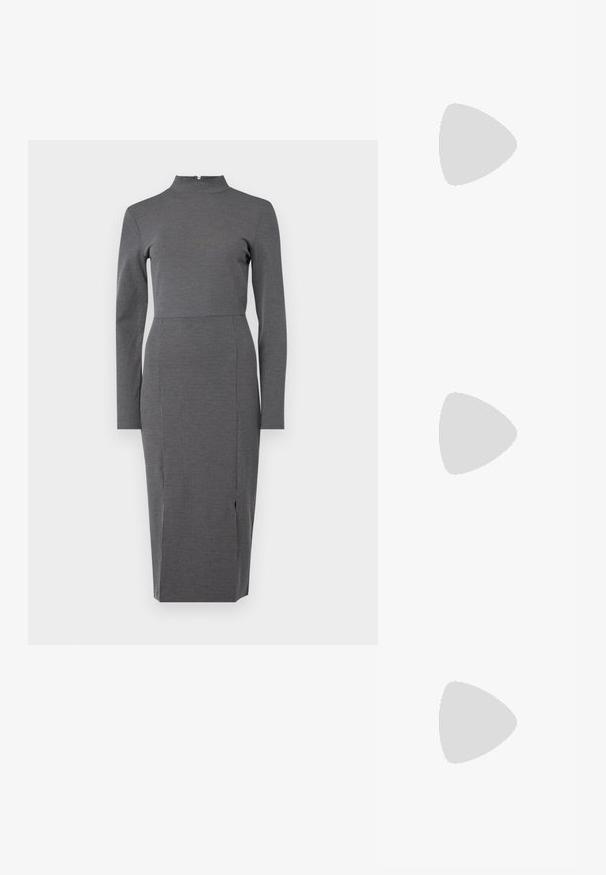 Graues, langärmliges Kleid mit hohem Kragen, tailliertem Oberteil und einem Schlitz am Saum, das ein dezentes Nadelstreifenmuster aufweist.; Even&Odd by Zalando Plateaustiefel - black; Schwarze Lederhandtasche mit dreieckiger Form, schrägem Klappdeckel und rundem Oberhandgriff. Verfügt über eine glatte Textur und minimalistische Designdetails.; Goldene, mondförmige Ohrringe mit glatter Oberfläche, die orangefarbene Akzente nahe dem Stecker und silberne Beschläge aufweisen.