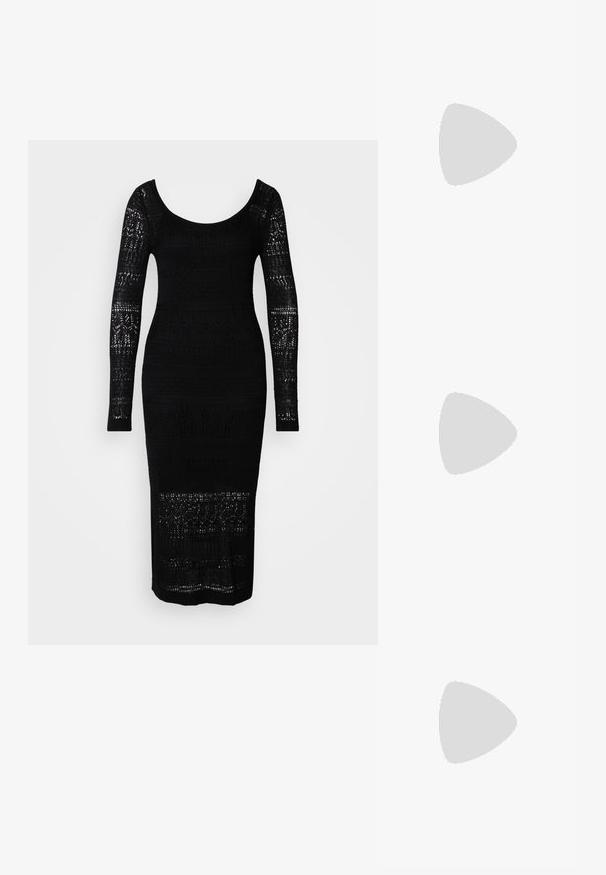 Schwarzes Strickkleid mit langen Ärmeln, weitem Ausschnitt, figurbetontem Schnitt und Durchbrüchen entlang des Oberkörpers und der Ärmel.; Schwarzer kniehoher Stiefel aus Leder mit spitzer Zehe und schlankem Absatz. Glatte Textur und minimalistisches Design, mit einem hohen Schaft ohne Verzierungen.; Even&Odd Sonnenbrille - black; Schwarze Lederhandtasche mit goldenen Metallakzenten, rechteckige Form, Klappenverschluss, verstellbarer Schultergurt, glatte Textur, minimalistisches Design.