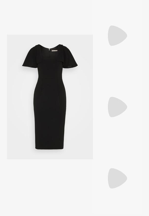 Robe midi noire avec un décolleté carré, des manches courtes évasées et une coupe ajustée. Fabriquée en tissu lisse, elle comporte une fermeture éclair au dos.; Ballerines en velours noir à bout pointu, dotées d'une strap décorative ornée de perles blanches et d'un petit talon.; Sac en cuir noir avec une texture lisse, un corps arrondi et une seule anse, ornée d'un accent en métal doré rond.; Boucles d'oreilles en argent avec un design texturé et organique. Chaque boucle d'oreille présente une forme lisse et arrondie ainsi qu'une finition polie.