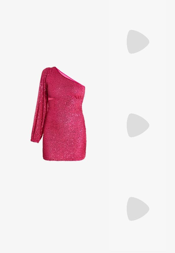 Én skulder hotpink minikjole med lang palietærmem og tætsiddende silhuet, med glitrende stof og udsavning ved taljen.; Lyserøde platform sandaler med bred firkantet hæl, ankelrem, glat finish og åben tå design. Spændeaccent ved anklen.; Lille håndtaske lavet af skiftevis rækker af pink ovale og klare runde perler med en perlehåndtag og lukning.; Rosa plastik hårklemme med bladdesign, pyntet med klare rhinsten, med ti holdende takker for sikker hårstyling.