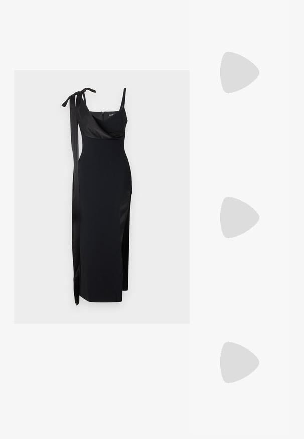 Robe noire avec un design ajusté, des accents en satin et une fente sur le côté. Présente des fines bretelles et un décolleté drapé flatteur avec un détail à nouer.; Escarpin à talon haut en daim noir avec un bout pointu et une texture lisse, doté d'un talon fin et d'une couture discrète le long des bords.; Pochette en velours noir avec quincaillerie dorée, de forme rectangulaire, et une bandoulière en chaîne, présentant une texture lisse et sans motifs visibles.; Boucles d'oreilles en or en forme de goutte avec des pierres précieuses rondes et transparentes à la base. Section supérieure texturée avec de petits accents ronds le long de l'anneau.