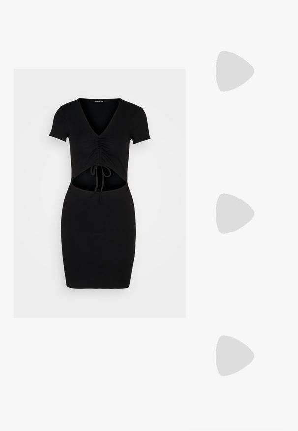 Even&Odd by Zalando Robe fourreau - black; Bottes noires en simili cuir au-dessus du genou avec un design épuré, une plateforme épaisse et un bout arrondi. Texture lisse et détails de couture minimalistes.; Lunettes de soleil noires en forme d'œil de chat avec des verres gris foncé, monture en plastique élégante, coins pointus et branches droites. Pas de métal visible ni d'accents.; Sac à main noir et argent avec une surface texturée affichant un motif en diamant, une anse nouée et une forme structurée.