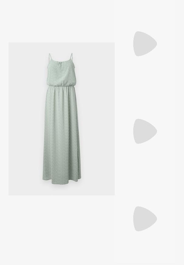 Robe maxi en vert clair, en tissu doux avec un motif à pois, dotée de bretelles fines et d'une taille élastique pour une silhouette fluide.; RAID TIANA - Chaussures de mariée - white; Sac à main en cuir tressé blanc avec poignée arrondie et extrémités de lanière nouées, présenté sur un fond uni.; Boucles d'oreilles anneaux en argent incrustées de cristaux facettés clairs, avec attaches à tige et embouts transparents sur fond blanc.