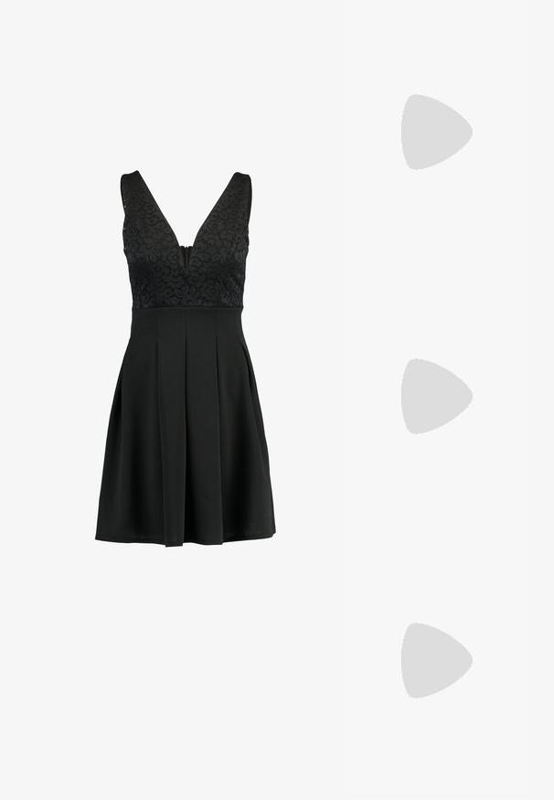 WAL G. V NECK SKATER - Vestido de cóctel - black; Sandalia de tacón alto de ante negro con suela de plataforma, tira en el tobillo con herrajes plateados, diseño de punta abierta y textura suave.; Bolso de mano negro hecho de ante con un acabado texturizado, que presenta una cadena dorada y un diseño elegante y angular.; Pendientes de aro de plata con un diseño retorcido, que presentan una superficie texturizada y un cierre seguro. Ligeros y reflectantes con un acabado elegante.