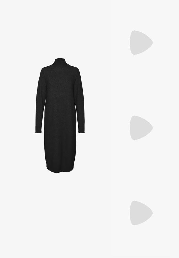 Vero Moda VMKADEN HIGHNECK CALF DRESS - Strikkjoler - black; Sorte læder slingback sko med spidse tæer, subtil glans og justerbar ankelrem. Flad hæl med en brun indersål.; Brun læderpunge med en glat overflade, rektangulær form og en sidelås. Minimalistisk design uden synlige hardware eller mønstre.; To par guldfarvede geometriske hoop-øreringe på en ensfarvet hvid overflade, et par firkantede og solide, et par rektangulære og hule.