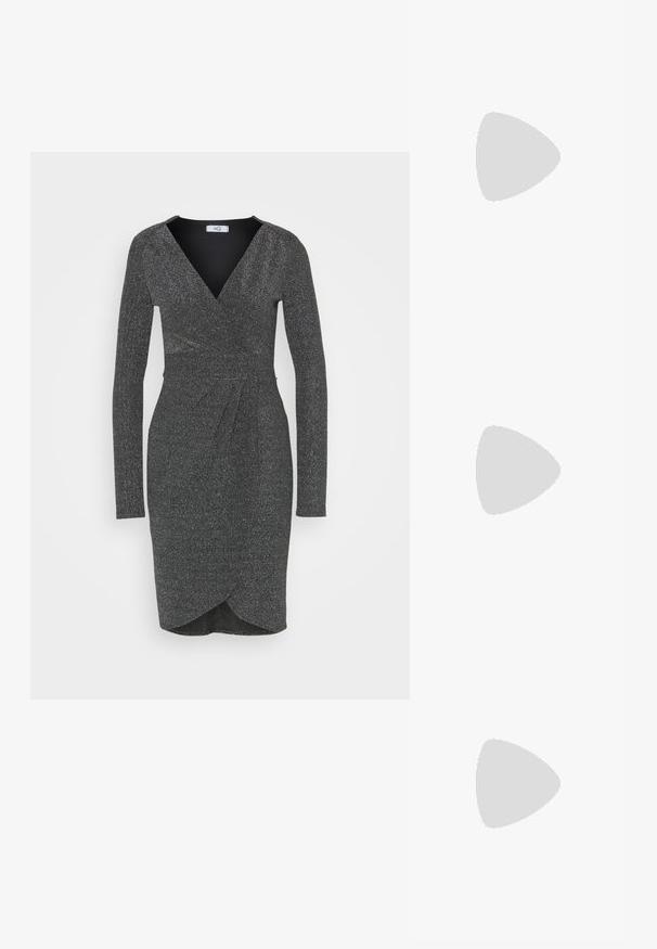 WAL G. PARTY CHRISSY GLITTER DRESS - Džersejové šaty - silver; Čierne sieťované lodičky s špicatou špičkou a tenkým ihlovým podpätkom. Vzor navrhnutý s kruhovými výrezmi, ktorý poskytuje polopriesvitný vzhľad.; Strieborná metalická kabelka so tkaným sieťovým dizajnom, obdĺžnikového tvaru, s reťazovou rukoväťou na nosenie. Hladký povrch a lesklý finiš.; Dlhé strieborné náušnice s množstvom priehľadných, fasetovaných kryštálov v kaskádových pramienkoch rôznych dĺžok a tvarov.
