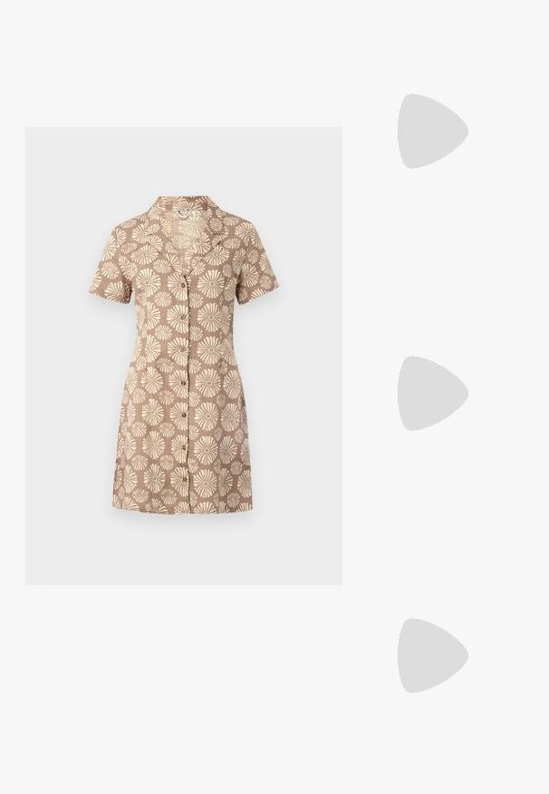 Short-sleeved shirt dress in brown fabric with an all-over cream floral pattern, featuring a collar and a button-down front design.; Brown leather slide sandals featuring a wide, textured strap with a squared design and a flat brown sole. Minimalist and open style.; Woven straw tote with tan leather shoulder straps, small handles, and embroidered palm tree, bird, sun, cloud, and sandy hill designs on front.; Pair of medium-sized gold hoop earrings with a textured, beaded design on a plain light background.