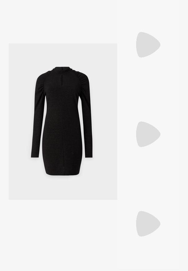 Musthave mustan tumed dress, mis on valmistatud tekstuurilisest kangast. Kleidil on kõrge kaelus ja kotitud detailid õlgadel, ning ees on võti lõige.; Mustad nahast kõrge kontsaga sandaalid, millel on kolm horisontaalset rihma ja reguleeritav pahkluuri rihm. Sleek siluett ja läikiv viimistlus.; Kuldne metallik käekott kortsus tekstuuriga, pehme ümmargune kuju ja eemaldatav ahelriba. Ülaosas on kokku kogutud kujundus.; Kuldne rõngasõlg, millel on sile ja poleeritud viimistlus. Ümar kuju, keskmise suurusega, sisaldab turvalist kinnitussüsteemi.