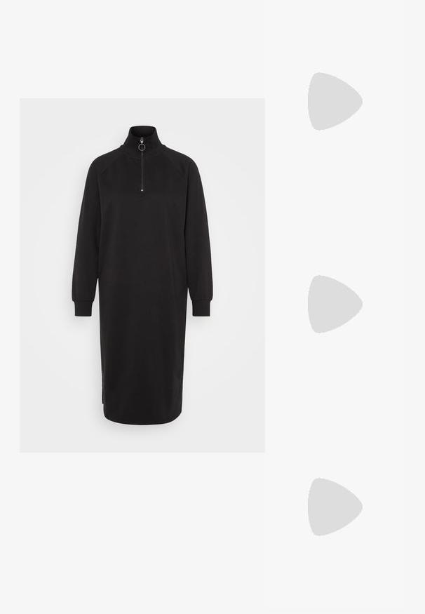Vero Moda VMKAT ZIP CALF DRESS - Robe de jour - black; Bottines Chelsea noires en cuir et tissu élastique, dotées d'une semelle en caoutchouc épaisse avec un motif de traction prononcé et de languettes pour un enfilage facilité.; Lunettes de soleil rectangulaires noires avec des verres teintés foncés, monture en plastique épaisse et branches larges. Surface lisse et design angulaire.; Boucles d'oreilles en argent au design minimaliste. Forme circulaire, texture lisse et profil fin. Légères avec une finition polie.