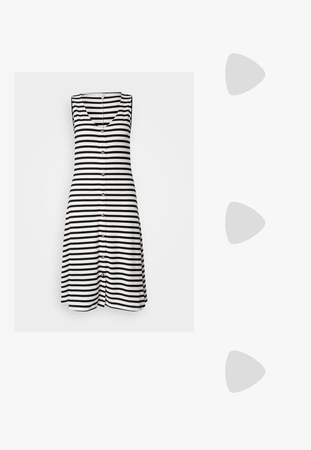 Robe sans manches rayée en noir et blanc, avec un col en V, une texture côtelée et sept boutons dorés sur le devant.; Chaussures slingback en cuir beige avec un bout capuchon noir, un talon block et une sangle ajustable. Texture lisse et design minimaliste.; Pieces PCALUANA SHOULDER BAG - Sac à main - black; Boucles d'oreilles en argent en forme de cerceau avec un charme croix et cœur. Texture lisse et brillante avec une finition polie. Chaque charmepend d'une boucle sécurisée.