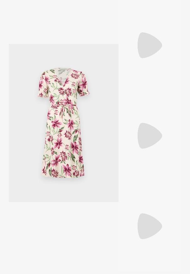 Vestido midi color crema con estampado floral rosa y verde, mangas cortas con volantes, escote en V, estilo cruzado y cinturón de lazo en la cintura.; Sandalias de slide abiertas de color burdeos oscuro, hechas de cuero suave, con un diseño redondeado y un tacón grueso para mayor estabilidad. Se muestra vista lateral.; Bolso de mano de imitación cuero blanco con una forma triangular estructurada, correa ajustable única y cierre con solapa acentuada en curva.; Pendientes de aro de oro con una superficie texturizada e irregular. Presentan un diseño ligero y una forma circular, aptos para el uso diario.