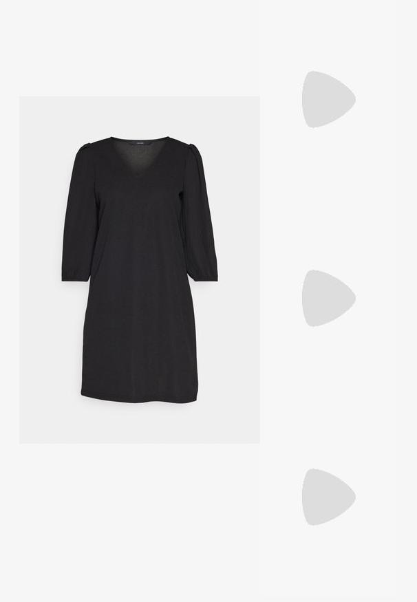 Vero Moda VMRITH SHORT DRESS - Päevakleit - black; Must must nahk slingback kingad terava ninaga, hõbedase sangaga detaili ja madala kontsaga. Sujuv tekstuur ja minimalistik disain.; Mustriga musta nahast käekott, millel on struktuurne kuju, sile tekstuur ja üks õlarihm. Omab peent, ümarat klappi.; Kuldkattega rõngaskõrvarõngad sujuva, poleeritud viimistlusega. Omavad poolringikujulist vormi ja turvalist postikinnitust.