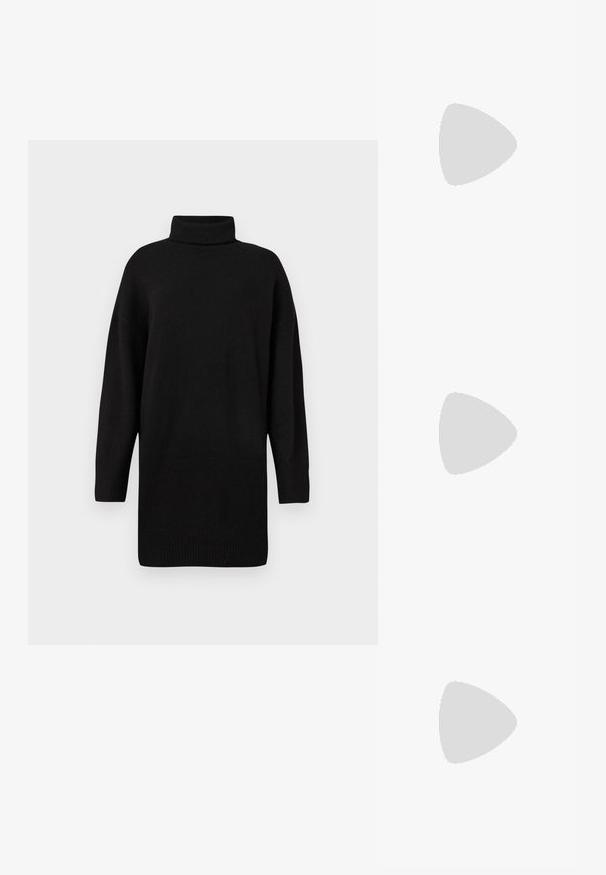 Schwarzes langärmliges Strickkleid mit hohem Rollkragen. Aus einem weichen, gestrickten Stoff gefertigt. Mit gerippten Bündchen und Saum. Einfache Gestaltung, ohne Muster.; Schwarze Overknee-Stiefel aus weichem Wildleder mit flacher Sohle, abgerundetem Zehenbereich und elastischen Seiteneinsätzen für ein einfaches An- und Ausziehen.; Schwarze rechteckige Sonnenbrille mit dunkel getönten Gläsern, dickem Kunstrahmen und breiten Bügeln. Glatte Oberfläche und kantiges Design.; Schwarze Tragetasche aus strukturiertem Leder mit zwei langen Schulterriemen, rechteckiger Form und offenem Oberteil.