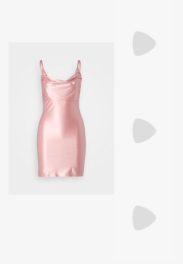Vestido mini de satén rosa con tirantes finos, escote en cowl y una textura suave y brillante. Silueta ajustada y la línea del dobladillo cae a mitad del muslo.; Sandal de tacón alto rosa con acentos de mariposa, hecho de material suave. Cuenta con tirantes delgados y un tacón esbelto.; Pequeño bolso de noche rectangular cubierto de pedrería morada con un asa adornada con pedrería plateada y cierre de cremallera negra.; Pendientes de oro rosa con grandes cristales rosas con un grabado intrincado, complementados por pequeñas piedras decorativas transparentes.
