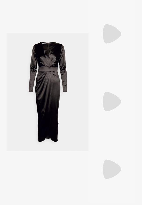 WAL G. REANA LONG SLEEVE MIDI - Vestido de cóctel - black; Zapato de tacón alto de ante negro con puntera afilada, diseño elegante y tacón de aguja. Presenta un forro interior suave.; Billetera de mano negra con superficie texturizada que presenta gotas elevadas, forma rectangular, correa de cadena y diseño minimalista.; Pendientes colgantes en tono dorado con un diseño de racimo que incluye cristales claros en forma redonda y de lágrima, mostrando un detallado intrincado.