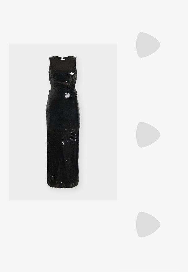 Sort aftenkjole med palietter, kropsnær pasform, rund halsudskæring og ærmeløs stil, med en diskret skæring ved kanten.; Metallic guld højhælede pumps med spids tå, slank hæl, glat tekstur og minimale syninger på overdelen.; Lille rektangulær mørkegrå clutch pyntet med klare rhinsten i et strålende mønster og en sølvkæde som strop.; Sølv øreringe formet som svaner, med klare krystaller, perleaccentuer og et dråbe-design med en tåreformet ædelsten.