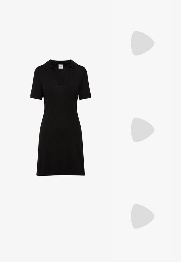 Robe-polo noire à manches courtes avec col et encolure en V, silhouette ajustée, en tissu côtelé.; Ballerines noires en cuir avec un bout pointu, une semelle plate et une petite sangle avec un détail de boucle en argent.; Sac à main en cuir jaune avec une silhouette incurvée, une bandoulière courte réglable et un compartiment zippé. Présente un logo subtil à l'avant.; Bracelet en métal argenté avec un design à double boucle, fini lisse et brillant, et un accent géométrique minimaliste.