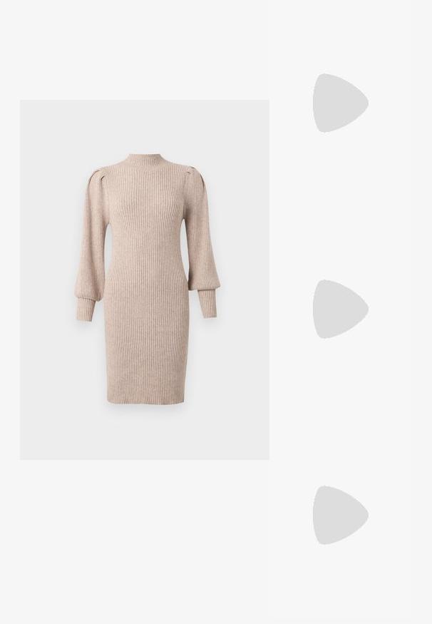 Robe pull beige en maille côtelée avec manches longues bouffantes et col montant, silhouette près du corps et poignets retroussés.; Call it Spring CIEL - Bottines à talons hauts - other grey; Sac à main en cuir beige avec une forme courbée, une bandoulière en chaîne, quincaillerie en argent et une petite pochette amovible. Bandoulière texturée avec un motif de logo.; Boucles d'oreilles en argent au design minimaliste. Forme circulaire, texture lisse et profil fin. Légères avec une finition polie.