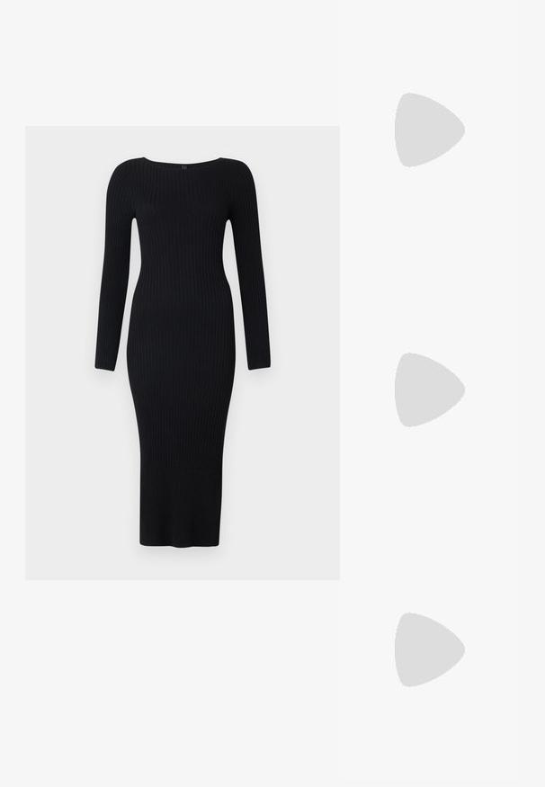 Robe noire à manches longues côtelées avec une silhouette ajustée, un col rond et un ourlet droit, fabriquée en tissu extensible texturé.; Bottes en cuir noir montant jusqu'au genou avec un design épuré, bout pointu et talon carré haut, présentant une texture lisse et un bord supérieur cousu.; Lunettes rectangulaires en écaille de tortue brune avec des verres transparents et des branches épurées, présentant une texture lisse et un design minimaliste.; Sac bandoulière en cuir marron foncé avec une forme souple et décontractée et une anse nouée torsadée sur un fond blanc uni.