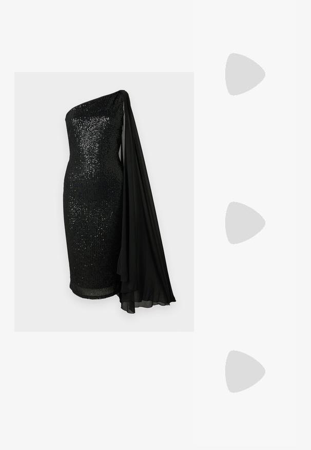 Vestido negro de lentejuelas con un diseño de un solo hombro. Presenta un detalle de capa de gasa negra que fluye, una silueta ajustada y un dobladillo a la altura de la rodilla.; Sandalias negras con tiras y detalles metálicos. Cuentan con una plantilla de textura suave y múltiples tiras decoradas que crean una apariencia en capas.; Bolso de mano negro en ante con cierre metálico, que presenta un patrón adornado de tachuelas plateadas que irradian desde el centro. Compacto y rectangular.; Pendientes en forma de lágrima con un marco dorado y acentos plateados, adornados con múltiples piedras redondas brillantes en una disposición decorativa.