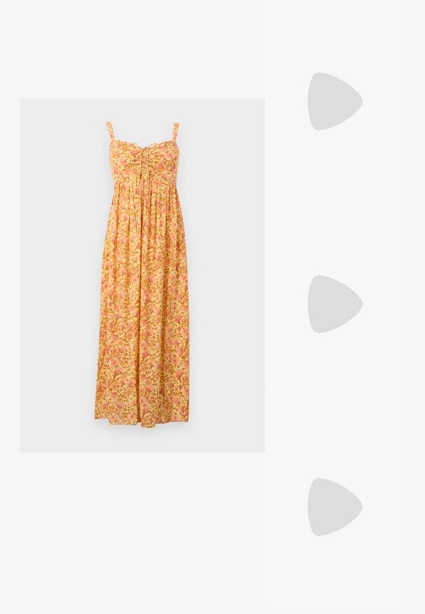 Robe longue jaune avec motif floral rose, bretelles sans manches, bustier froncé et jupe ample plissée.; Sandale tong noire en caoutchouc avec semelle texturée et brides lisses, vue de côté sur un fond gris clair uni.; Lunettes de soleil rectangulaires noires avec des verres jaunes. Les caractéristiques incluent des montures épaisses et un design anguleux avec une finition lisse et brillante.; Sac fourre-tout tissé brun foncé avec des motifs floraux et deux longues poignées tressées sur un fond clair uni.