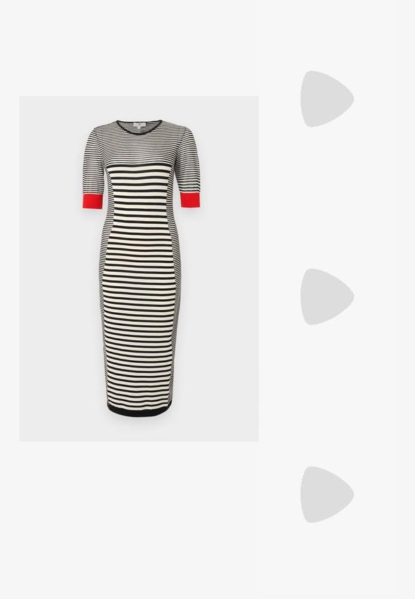 Robe midi à rayures horizontales noires et blanches avec manches courtes et poignets rouges, silhouette ajustée, et encolure ronde.; Escarpin noir à bout pointu avec fine bride à la cheville et boucle argentée, finition en cuir lisse, chaussure élégante pour femme.; Un cardigan en maille noir, un haut blanc, une jupe en denim avec un motif de diamants bleus et noirs, un sac à main noir et des sandales à enfiler beiges.; Boucles d'oreilles en clip argentées avec un design en spirale, présentant une texture métallique lisse et des formes arrondies. Pas d'embellissements ou de motifs visibles.