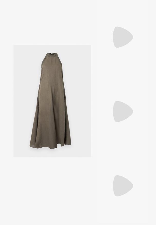 Robe longue sans manches vert olive avec un col montant et des détails cousus sur les côtés, réalisée en tissu léger.; Chaussure slingback à talon haut marron foncé, bout pointu, texture crocodile et petite boucle dorée sur la bride.; Boucles d'oreilles en or en forme rectangulaire irrégulière, avec une texture lisse et un éclat subtil. Design simple sans embellissements.; Pochette marron à motifs avec un design géométrique en beige clair, dotée d'une fermeture éclair et d'une bandoulière réglable marron.