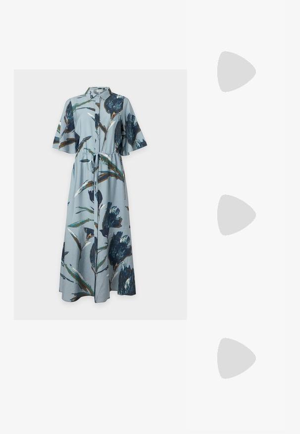 Light blue maxi dress with dark blue and brown floral print, short sleeves, collar, button front, and a tie at the waist.; Black leather ballet flat with a rounded toe, smooth texture, minimal stitching detail, and a flexible sole design.; Small light blue leather coin purse with silver metal kiss-lock clasp and short wrist strap on a plain background.; Chunky gold hoop earrings with a slightly twisted, tubular design and post back closures on a white background.